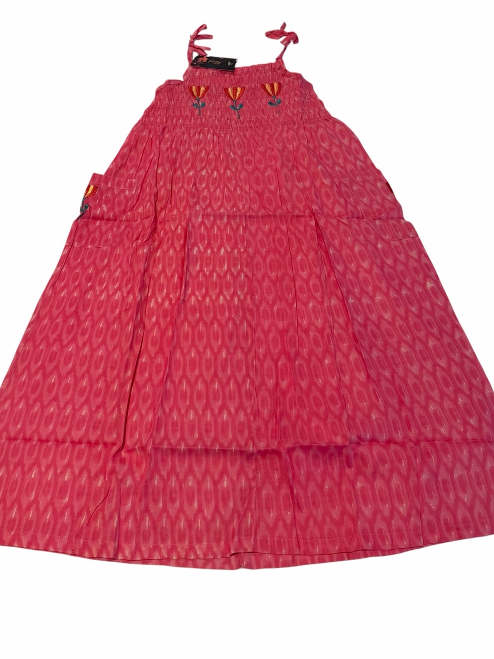Raj Kids Pink Smocked Tie Strap Cotton Dress Embroidered Flowers NWT 6-7Y